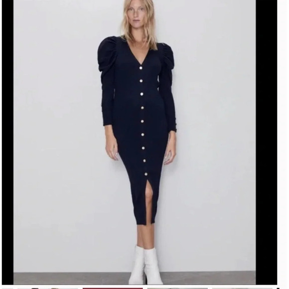 Zara Gold Button Ribbed Knit Dress - Picture 2 of 11